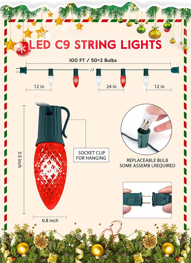 Outdoor Christmas Lights 100 Ft LED Commercial String Lights With Red and Pure White Strawberry C9 Bulbs Waterproof Connectable UL Certified for Indoor Home Yard Xmas Tree Decor