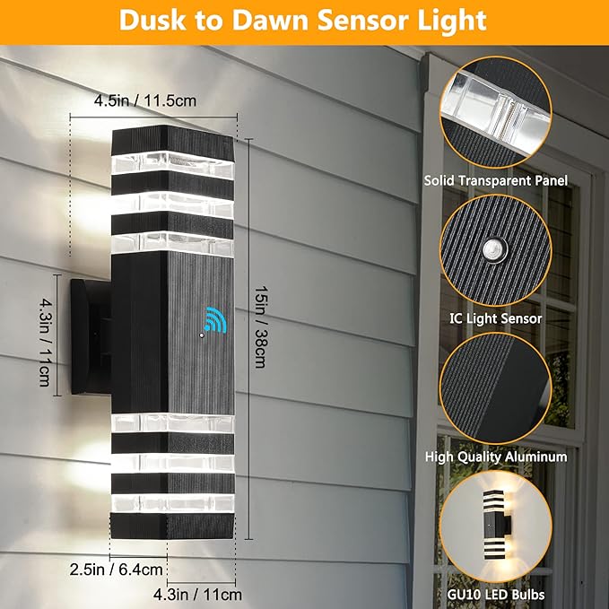 tewei 1 Pack Dusk to Dawn Outdoor Wall Lights Fixture Up and Down LED Outdoor Wall Sconce Porch Lights IP65 3000K Warm White Matte Black Exterior Lights for House Garage Front Porch