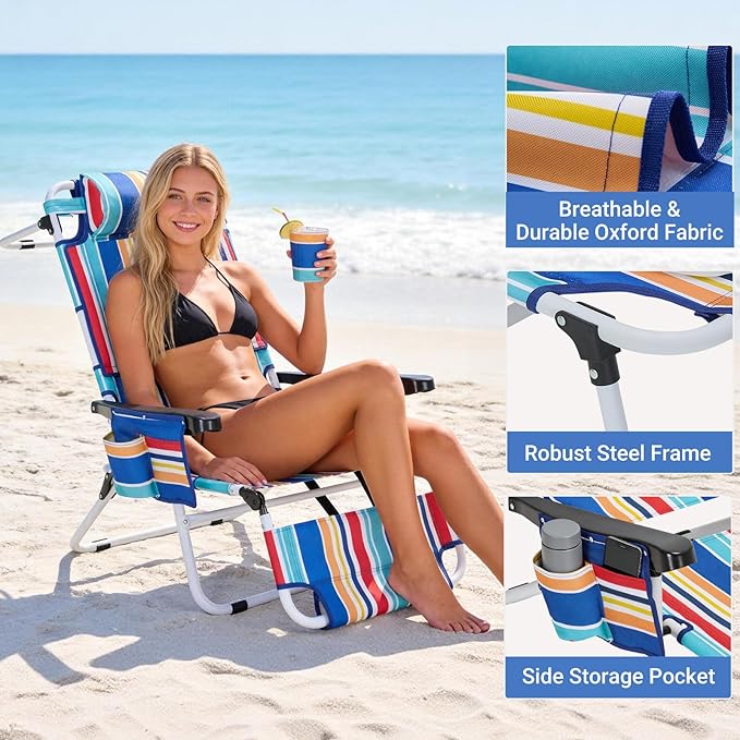 3 N 1 Beach Chair w/ Face Cushion &amp Arm Holes Lightweight Lawn Reclining Lounge Chair w/ Adjustable Backrest &amp Footrest5 Position Folding Chair for Outdoor Patio Backyard 440lb Weight Capa