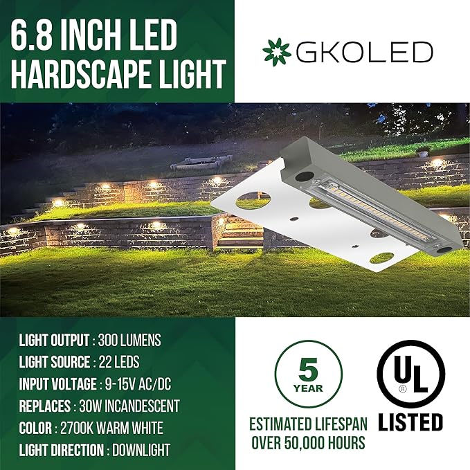 GKOLED 20-Pack 6.8 Inches Low Voltage Hardscape Light 12V AC/DC Retaining Wall Lighting 4W 2700K Paver Wall Lights Outdoor Step Lights Die-cast Aluminum Housing Gray UL Listed