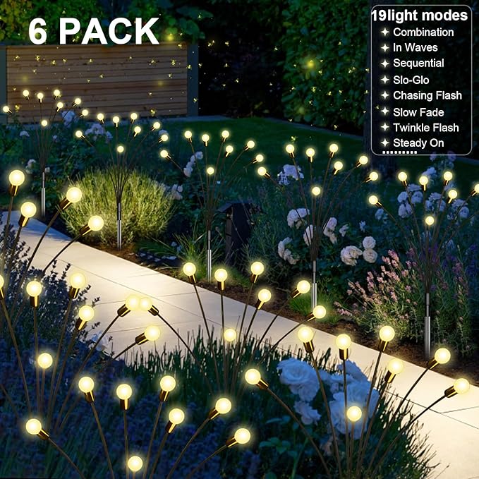 New Upgraded Solar Firefly Lights Outdoor Waterproof 6 Pack 48 LED 19 Modes USB Rechargeable Solar Garden Lights with Remote Timer Dimmable for Yard Patio Landscape Outside Decorations Light Warm