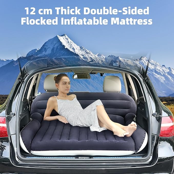KMZ SUV Air Mattress with 2 Pillows – Thickened and Flocked Car Bed – Portable Travel Pad for Camping &amp Road Trips – Quick Inflate &amp Deflate with External Pump – Navy Blue+Light Gray