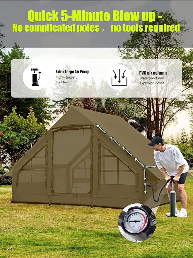 Inflatable Tents with Hand Pump Hot Tent with Stove Jack Easy Blow Up Glamping Tent with Mesh Windows 4-6 Person Instant Family Camping Tents Waterproof for 4 Seasons