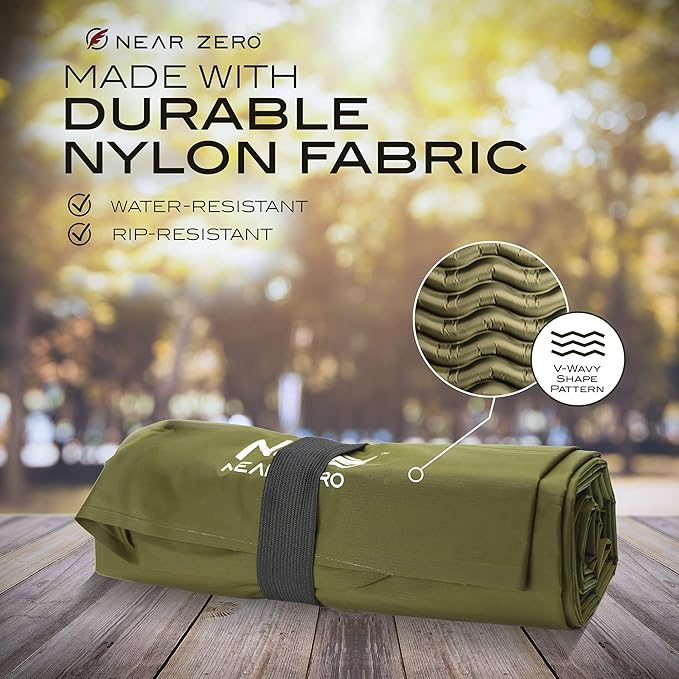 NEAR ZERO Ultralight Inflatable Sleeping Pad – Compact 14.5 oz Air Pad 2 Thick Quick Inflate with 11 Breaths Durable Rip-Resistant Nylon – Ideal for Backpacking &amp Warm Weather Green