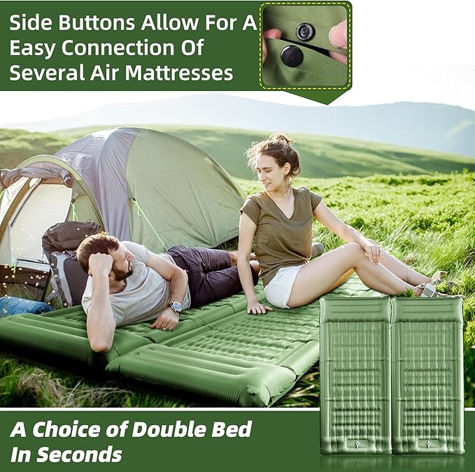 Sleeping Pad for Camping 32.68 Inch Extra Wide Inflatable Camping Mat with Pillow and Built-in Foot Pump Air Mattress 5.11 Inch Extra Thick for Tent (Army Green)