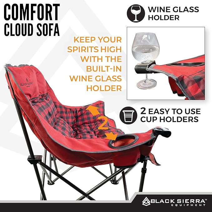 Black Sierra Double Camping Chair for Adults Oversized Folding Loveseat Supports 600 lbs Plush Padded Outdoor Couch with Cup Holders and Carry Bag for Beach Patio RV or Tailgating Events