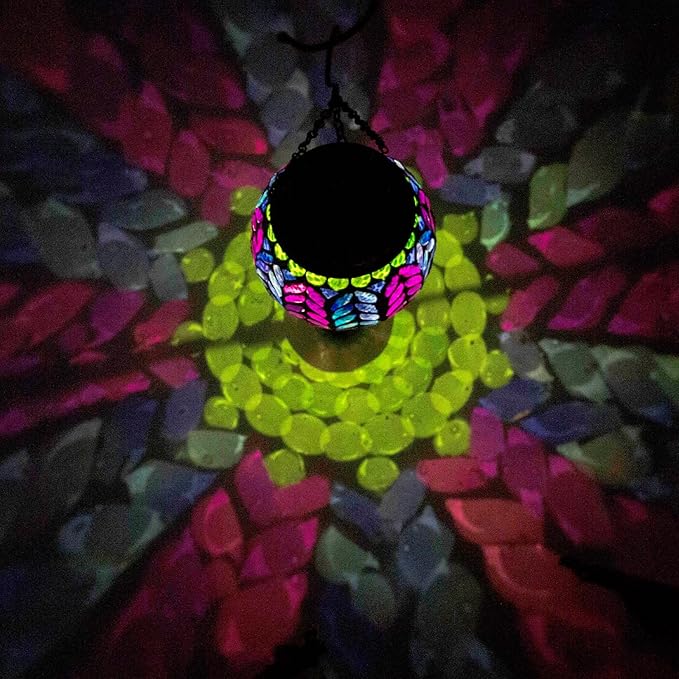 Mosaic Hot Air Balloon Solar Lanterns Outdoor Waterproof Colorful Glass Solar Hanging Lantern Lights for Garden Patio Yard Gifts for Women Mom Grandma
