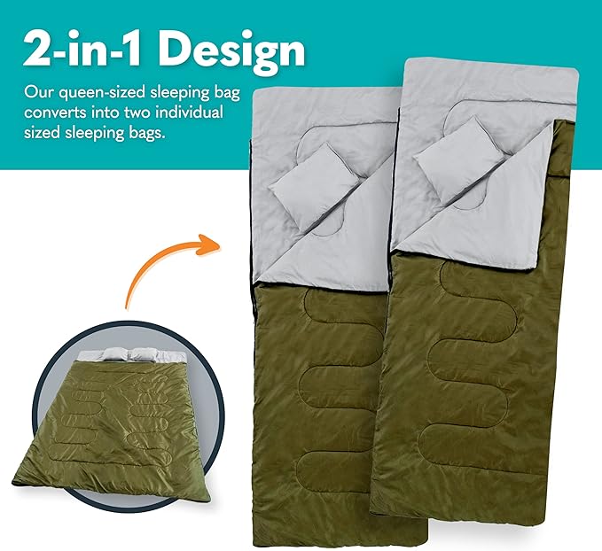 Double Sleeping Bags for Adults Backpacking Camping or Hiking - Waterproof Queen Sleeping Bags for Adults or Teens - Truck Tent Sleeping Pad