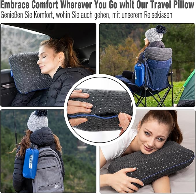 Travel &amp Camping Comfortable Memory Foam Pillow – Easy to Carry Portable Bag – Temperature Regulating Pillow Case - Perfect for Travelling (Grey)