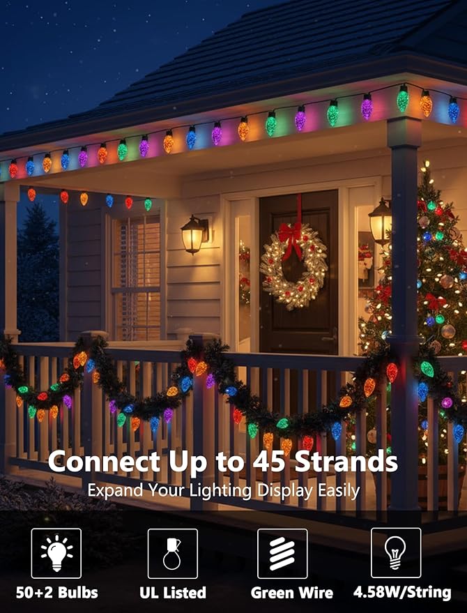 50 Count C9 Christmas Lights Outdoor 26FT Diamond-Cut Multicolor LED String Lights Connectable Green Wire Vintage Christmas Lights for House Roofline Trees Garden &amp Christmas Outdoor Decorati