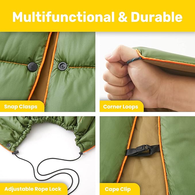 UNIKOME Waterproof Puffy Camping Blanket - Lightweight Packable Outdoor Quilt with Snaps &amp Corner Loops Warm Compact Blanket for Cold Weather Hiking Picnic Stadium Travel 75×52 Army Green&amp