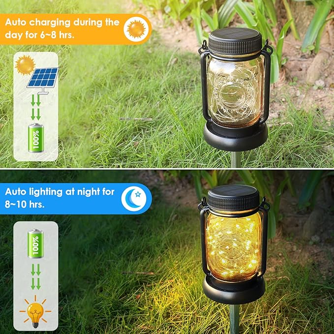 Mlambert 4 Pack Solar Hanging Lantern with Stakes Outdoor Waterproof Solar Mason Jar Fairy String Lights Decorative Vintage Glass Lamp-Warm White