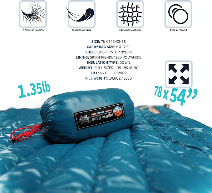 ZOOOBELIVES Ultralight Down Camping Blanket - 1.35lbs 650 Fill Power Puffy Quilt. Compact &amp Warm Comforter for Travel Beach Hammock Backpacking - Elevate Your Outdoor Comfort - AlpliveR300