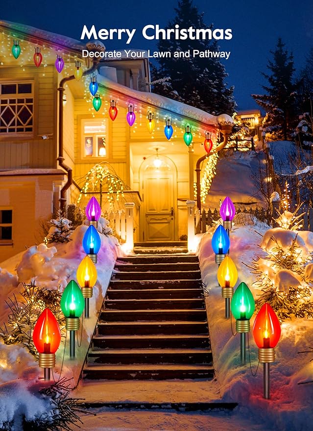 Brightown Jumbo C9 Christmas Lights Outdoor Decorations Lawn with Pathway Marker Stakes 8 Feet LED Lights Covered Jumbo Multicolored Light Bulb for Holiday Outside Yard Garden Decor 5 Lights