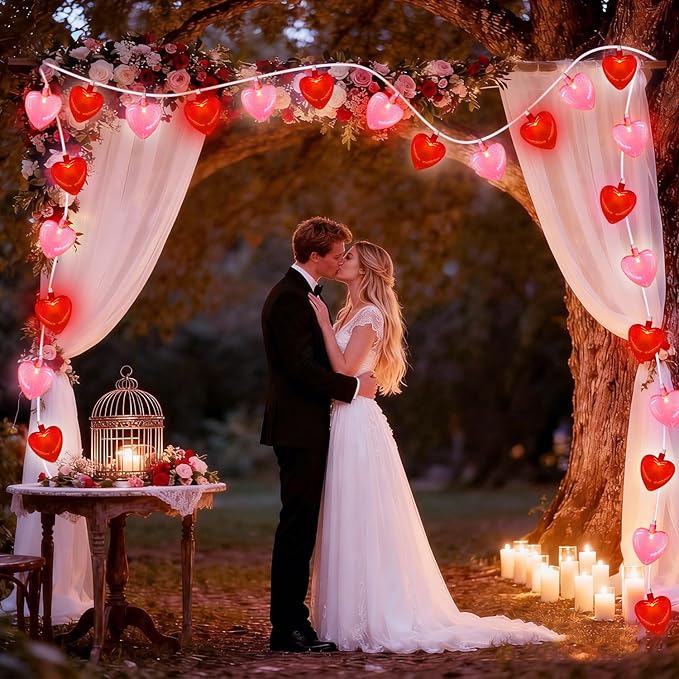 12Ft Red Pink Heart String Lights Valentine's Day Decorations Lights Outdoor Waterproof with 20 LED Clear Heart Light with Glitter for Home Door Fireplace Windows Fence Valentines Day Party Decor