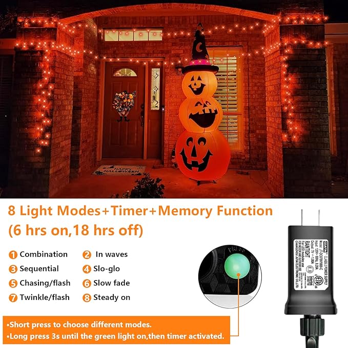 QITONG 165ft 500 LED Orange Christmas Lights Christmas String Lights Outdoor Waterproof with 8 Modes Green Wire Orange String Light Plug in Indoor with Timer Memory