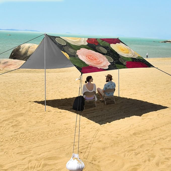 ALAZA Rose Flowers Floral Beach Tent Sun Shelter UPF50+ Protection Beach Shade Canopy w/ 4 Sandbags for Outdoor Camping Fishing Backyard Fun Picnic 10x9 ft