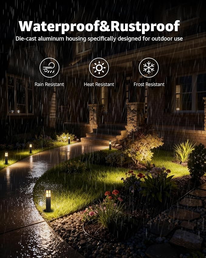 SUNVIE 12-Pack Low Voltage Landscape Lighting Kit LED Bollard Pathway Lights Wired with Spotlights for Garden Path Yard Patio Cast-Aluminum IP65 Waterproof 12-24V AC/DC 3000K Warm White Black