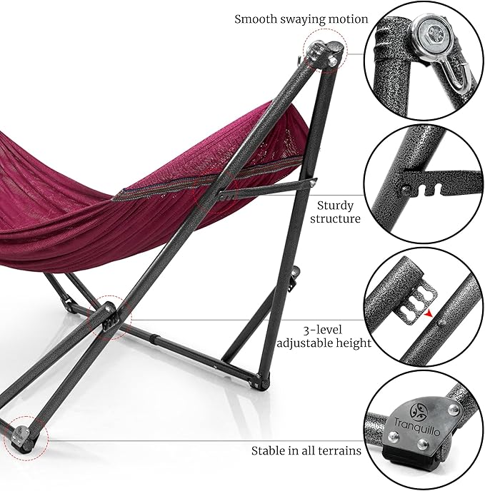 Tranquillo Universal Double Hammock with Stand Included for 2 Persons/Foldable Hammock Stand 600 lbs Capacity Portable Case - Inhouse Outdoor Camping Red