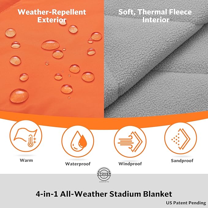 STOVER Large Waterproof Outdoor Stadium Blanket- Extra Thick Soft Fleece Camping Blanket for Travel Picnics Sports Dogs- 79x55 Warm Windproof Sand-proof Lightweight Packable (Game Day Orange)