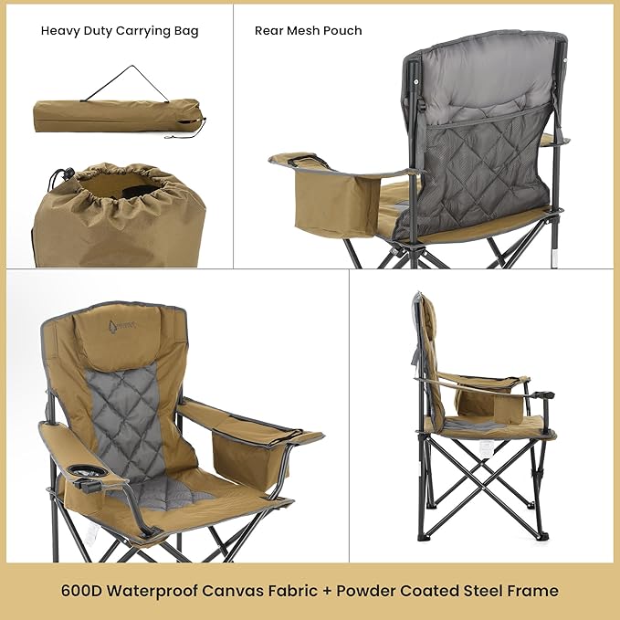ARROWHEAD OUTDOOR Deluxe Folding Camp Chair – 550lb Capacity Heavy-Duty Quad Chair with Integrated Cooler Headrest and Dual Cup Holders.