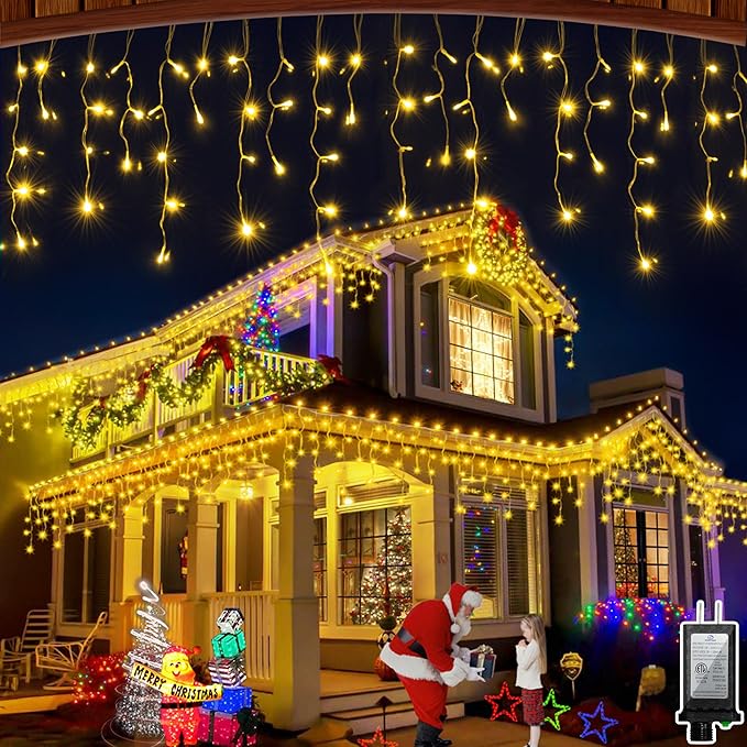 66ft LED Christmas Lights Outdoor with 140 Drops Christmas Decorations Hanging Lights 490 LED 8 Lighting Modes Outsite Fairy String Lights for House Xmas Wedding Party Holiday Decoration Warm White