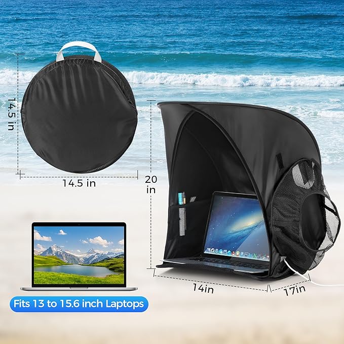 Portable Laptop Sun Shade Foldable Tent for Working Outside Travel Sun Shield for 13-16 inch Privacy Hood Heat &amp UV Reflective Waterproof Fabric