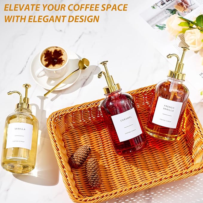 Coffee Syrup Dispenser for Bar Glass Syrup Bottle with Pump Coffee Pump Dispenser Bottle with Tray Spoon for Station16.9 oz 500 ml