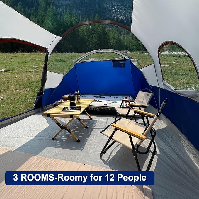 CAMPROS CP Tent 12-Person-Camping-Tents3 Room Family TentsWaterproof Windproof Family Tent with Top Rainfly6 Large Mesh WindowsDouble LayerEasy Set Up Portable with Carry Bag-20' x 9' x 72(H)