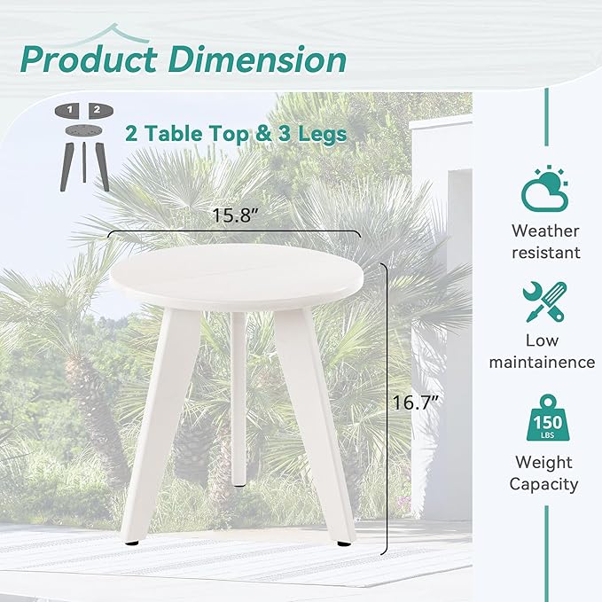 HDPE White Round Outdoor Table Weather-Resistant 15.8x15.8x16.7 inches 150lbs Load Capacity Modern Design End Table for Patio Porch Deck Living Room Bedroom Plant Stand