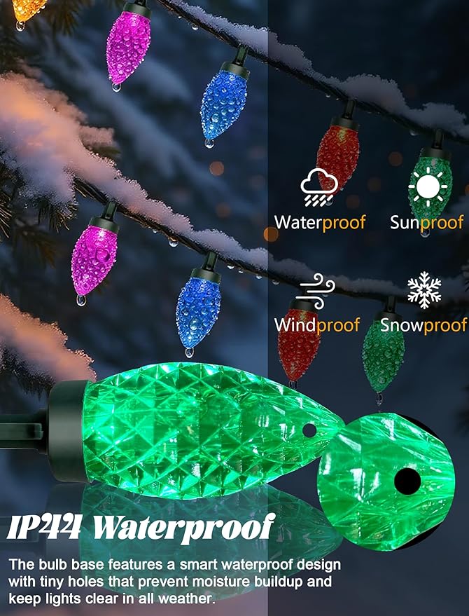 50 Count C9 Christmas Lights Outdoor 26FT Diamond-Cut Multicolor LED String Lights Connectable Green Wire Vintage Christmas Lights for House Roofline Trees Garden &amp Christmas Outdoor Decorati