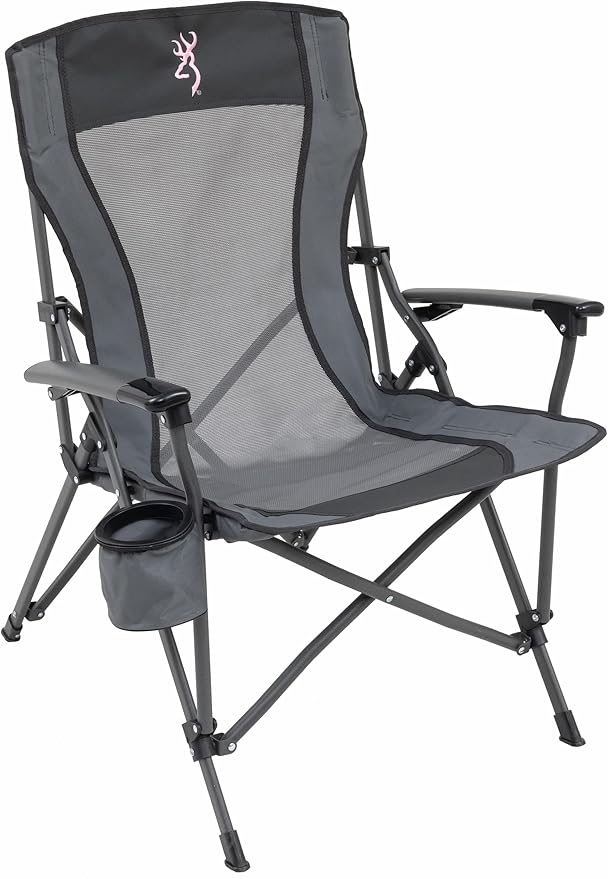 Browning Folding Camping Chairs for Adults - Durable Mesh Fabric Over Sturdy Powder Coated Steel Frame Armrests Cup Holder and Shoulder Carry Bag