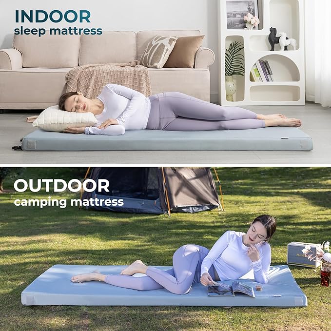 Kingfun 3 Inch CertiPUR-US Memory Foam Camping Mattress Waterproof Roll up Sleeping Pad Thick Floor Sleeping Mats for Tent with Removable Travel Bag