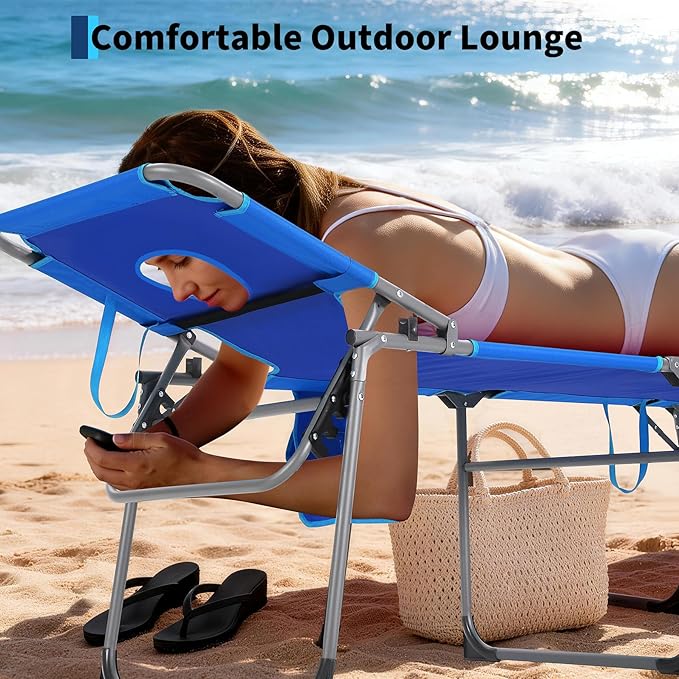 Tanning Chair with Face Hole Folding Beach Lounge Chair5-Position Adjustable Backrest Pillow &amp Side PocketPortable Face Down Chaise Lounge for Outdoor Backyard PoolsideBeach PatioBlue