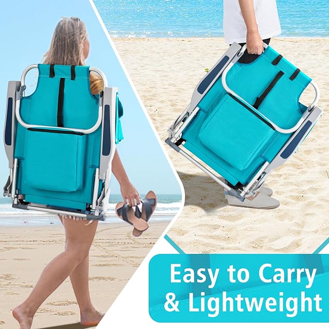 Folding Low Backpack Beach Chair 5-Position with Headrest &amp Cup Holder - Portable Aluminum Reclining Camping Chair with Storage Bags Adjustable Recline - Lightweight &amp Compact Blue