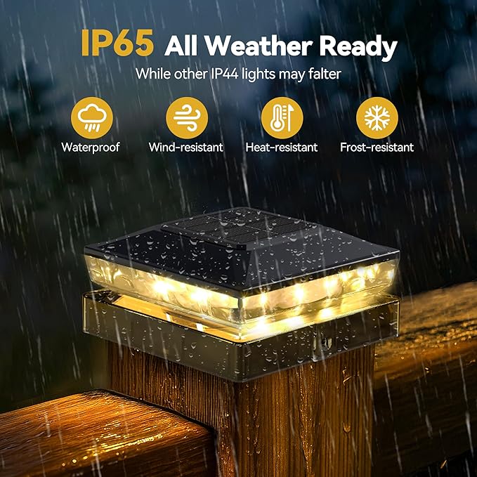 Solar Post Cap Lights 6 Pack Upgraded Outdoor Deck Fence Post Solar Lights for 4x4 5x5 Wood/Vinyl Posts IP65 Waterproof 10-12 Hours Warm White Glow for Garden/Patio/Porch - Black