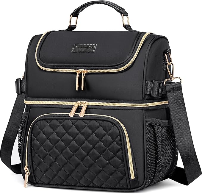 Lunch Bags for Women Dual Compartment Lunch Box Lunch Bag for Work Leakproof Lunch Cooler Large Insulated Lunchbox for Adult for Women Men Lunchbag for Picnic Beach (Black)