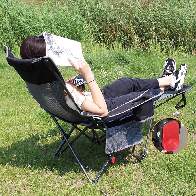 Reclining Camping Chair with Removable Footrest Lounge Chair with Headrest Cotton Cushion Portable Adjustable Folding Chairs