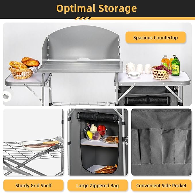 GYMAX Aluminum Portable Camping Kitchen Folding Cooking Table with 26 Tabletop Detachable Windscreen &amp Carrying Bag Outdoor Grill Table for BBQ Backyards