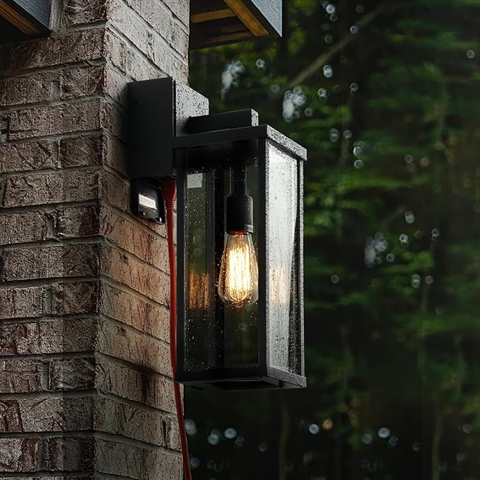 mirrea 18 Classic Outdoor Wall Sconce with Built-in GFCI Outlet 1 Light in Matte Black Rectangular Metal Frame and Clear Glass Shade Waterproof Porch Light Patio Light
