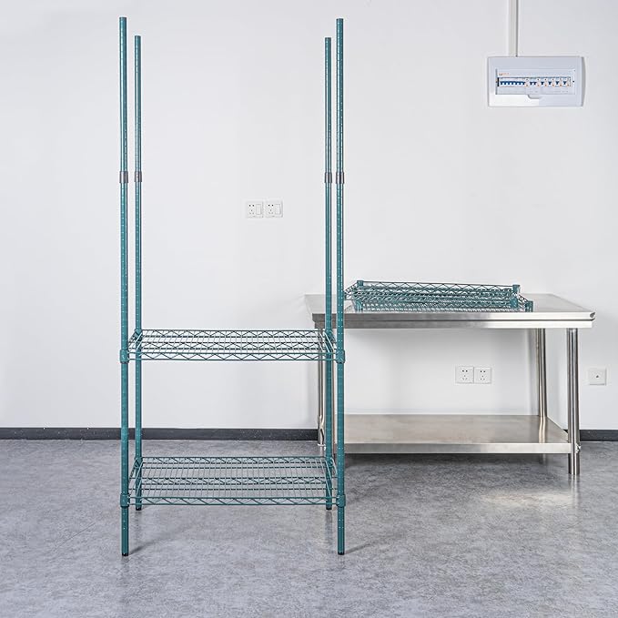 Restaurantware-Shelving Posts ONLY: Chef 101 74 Inch Shelving Posts 4 NSF Certified Epoxy Poles - Shelves Sold Separately with 4 Leveling Feet Green Steel Poles No Corrosion