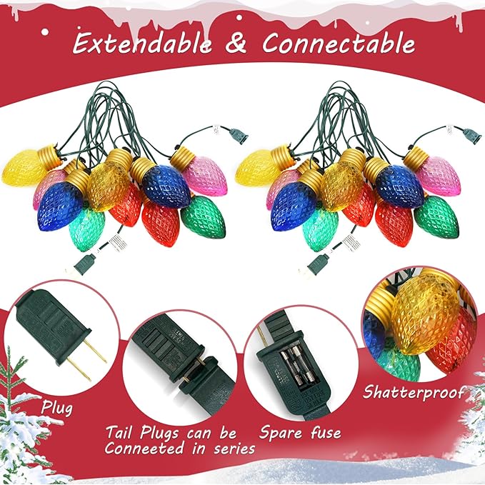 16FT Jumbo Christmas LightsC7 Jumbo Xmas String Light Christmas Outdoor Decorations Lights with 10 Large Diamond Pattern Multicolor Bulb for Holiday Home Roof Yard Garden Decorations