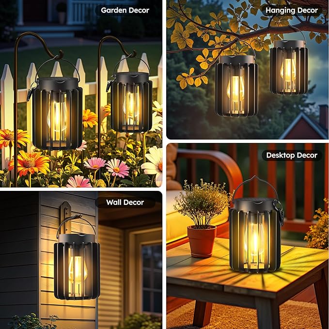 Solar Lanterns Outdoor Waterproof Brighter Up to 12 Hrs Outdoor Hanging Solar Lights Outside Hanging Lanterns for Garden Porch Patio Yard Decor Gifts for Women Mom Father Black 4 Pack
