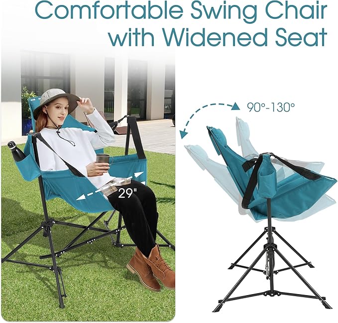 HOMEFUN Hammock Camping Chair - Portable Swinging Chairs for Adults with Stand and Storage Bag Oversized Folding Rocking for Lawn Camp Fishing Hiking Blue