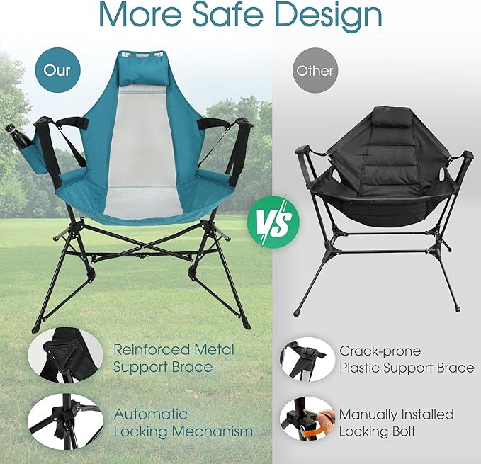 HOMEFUN Hammock Camping Chair - Portable Swinging Chairs for Adults with Stand and Storage Bag Oversized Folding Rocking for Lawn Camp Fishing Hiking Blue