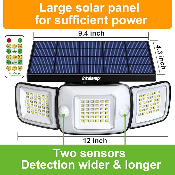 intelamp Outdoor Solar Light Waterproof 6000mAh 1200LM Motion Sesnsor Flood Lights with Dual Sensor 4 Modes Remote Control 270° Wide Angle Security Light for Garden Garage Yard Pathway Farm