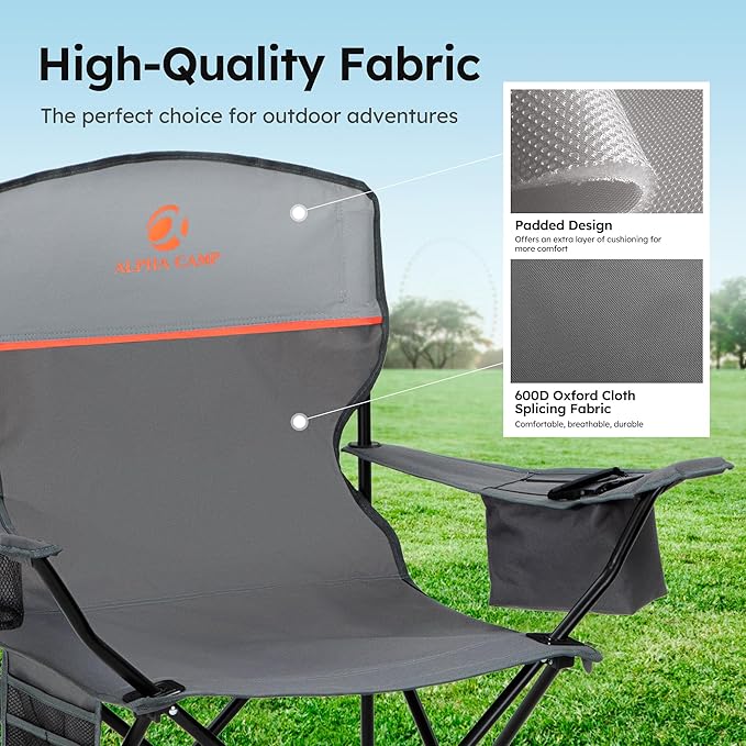 ALPHA CAMP Camping Chair 2 Pack Portable Chair with 3-Can Cooler Folding Chair with Side Pocket and Cup Holder Collapsible for Camping Tailgates Beach Fishing and Sports2PC