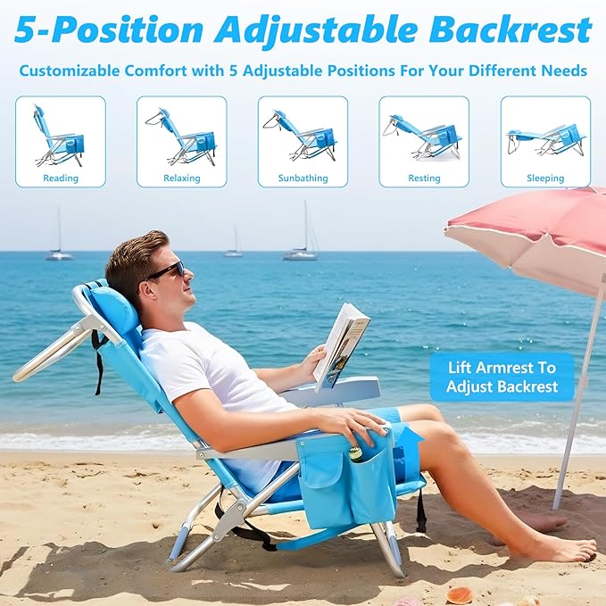 2 Pack Backpack Beach Chairs for Adults Heavy Duty Compact Portable Lay Flat Folding Chair with Backpack Straps and Pocket 5 Positions Aluminum Reclining Chair for Patio OutdoorSupport to 300LBS