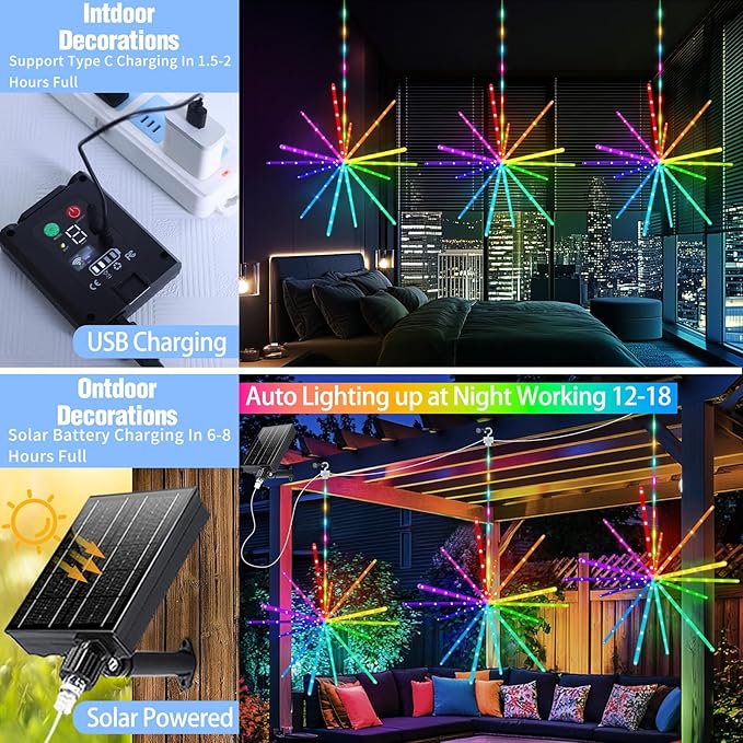 RGB Solar Firework Lights 3 Pack Color Changing Starburst Lights with Waterproof Remote Rechargeable Timer Hanging Firework Meteor Light for Garden Gazebo Porch Party Wedding Christmas Outdoor