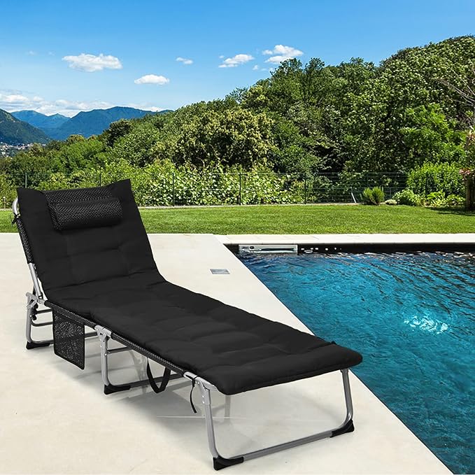 GYMAX Camping Cot 27” Lounge Chair Outdoor w/Mattress Headrest Side Pocket &amp Carry Strap 3 in 1 Folding Layout Tanning Lounger Portable Sleeping Bed for Adults Lawn Beach (2 Black)